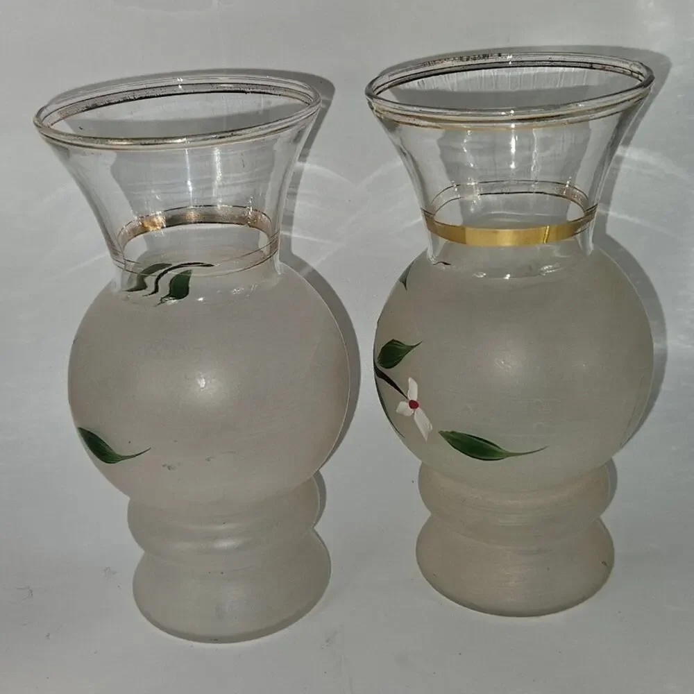 Vintage Frosted Glass Floral Bud Vases Gold Trim – Pair 6" Tall - Picture 2 of 8